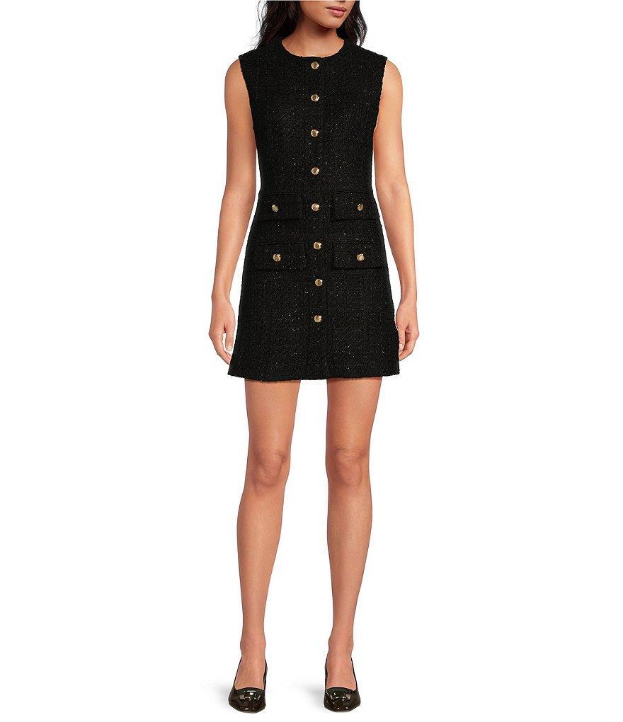 Gianni Bini x Lilly Sisto Alexandra Tweed Round Neck Sleeveless Embellished Button Front Mini Sheath Dress Product Image