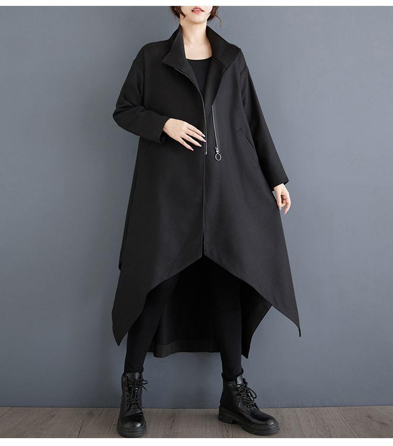 Stand Collar Plain High-Low Zip Coat Product Image