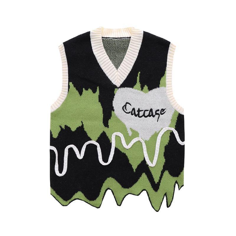 V-Neck Printed Knit Sweater Vest Product Image