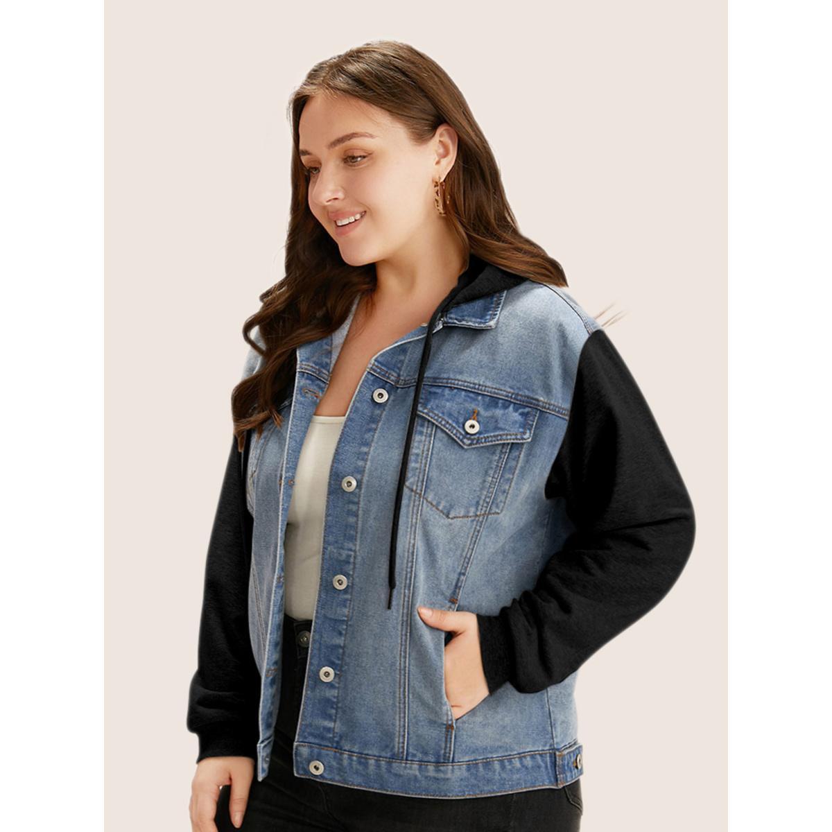Women Hooded Patchwork Flap Pocket Denim Jacket Black Plus Size Plain Contrast Everyday Slanted pocket Casual Denim Jackets BloomChic 18-20/2X Product Image