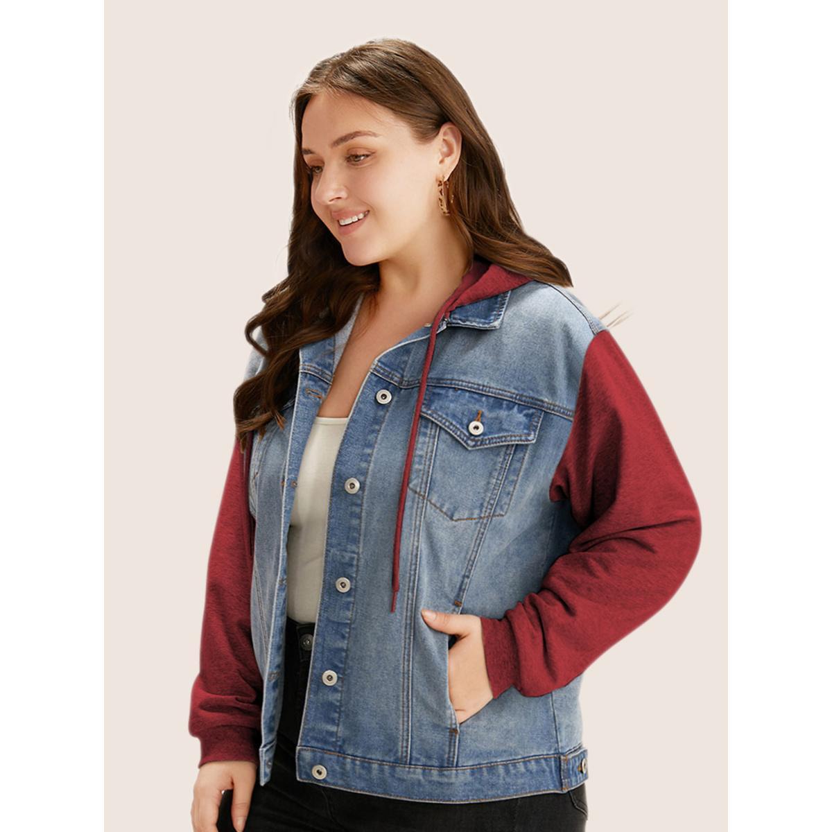 Women Hooded Patchwork Flap Pocket Denim Jacket Raspberry Plus Size Plain Contrast Everyday Slanted pocket Casual Denim Jackets BloomChic 22-24/3X Product Image