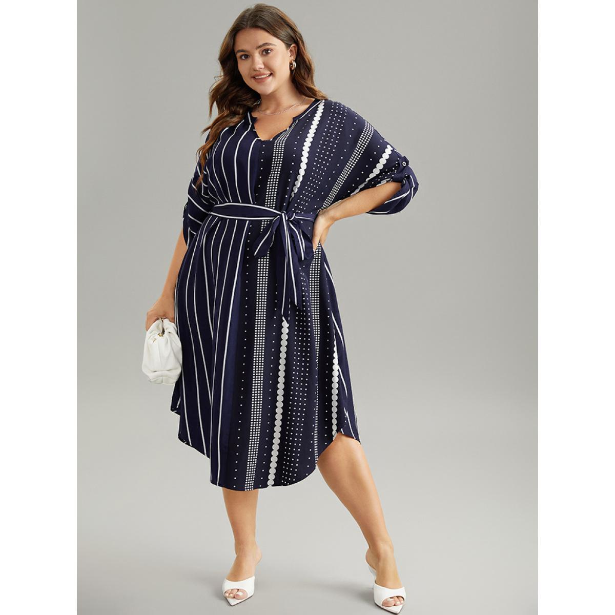 Plus Size Striped Patchwork Polka Dot Belted Notched Dress DarkBlue Women Office Belted Notched collar Elbow-length sleeve Curvy Midi Dress BloomChic 18-20/2X Product Image
