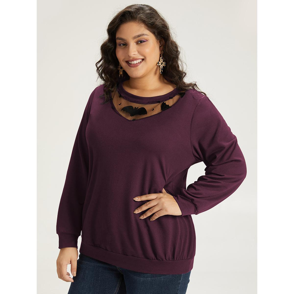 Plus Size Halloween Bat Print Mesh Patchwork Sweatshirt Women Burgundy Elegant Elastic cuffs Round Neck Festival-Halloween Sweatshirts BloomChic 10/M Product Image