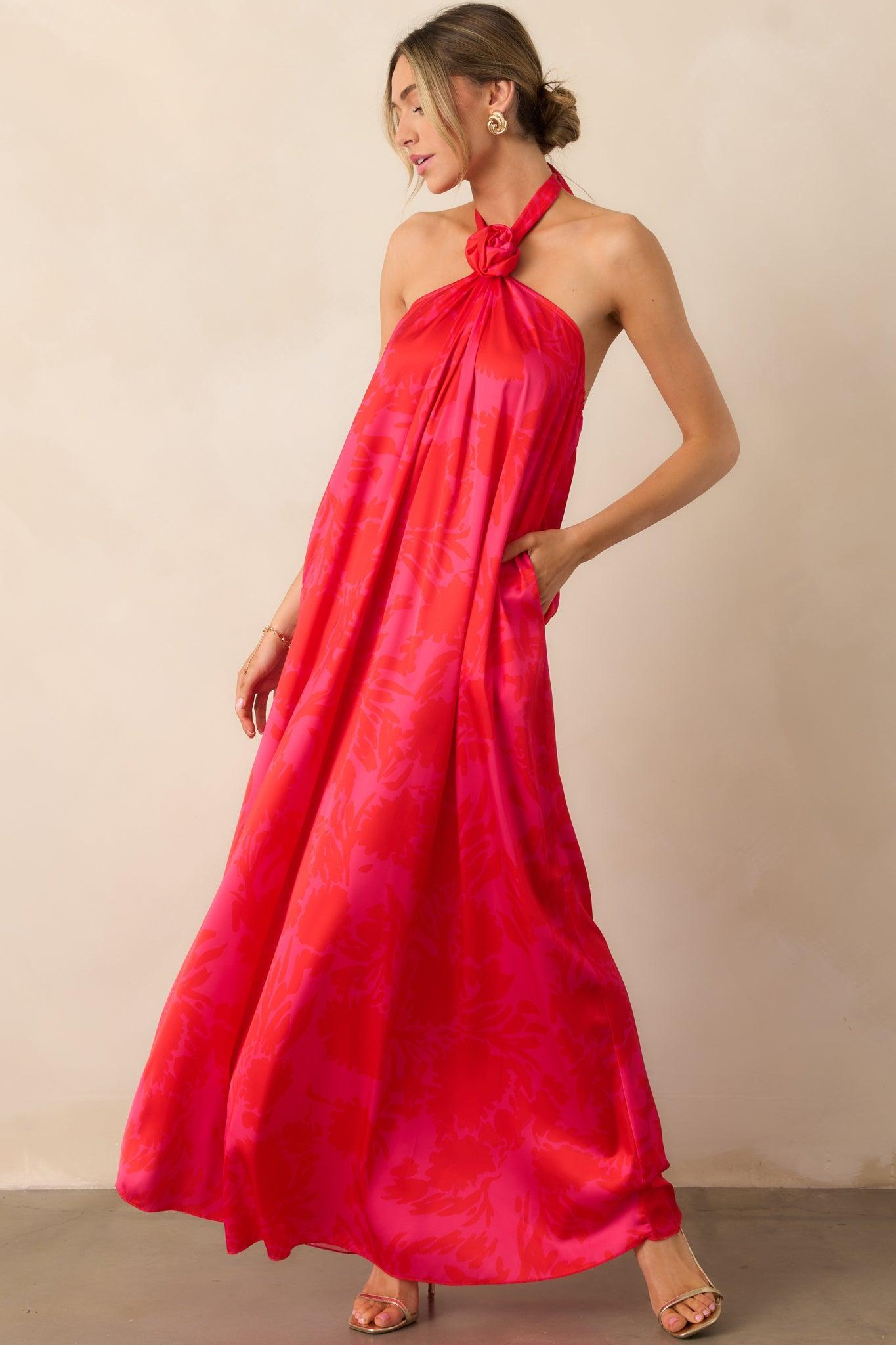 Everything You Need Red Floral Satin Halter Maxi Dress Product Image