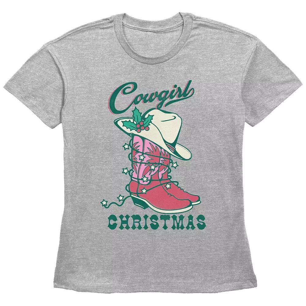 Women's Cowgirl Christmas Hat And Boots Graphic Tee, Size: Medium, Grey Gray Product Image
