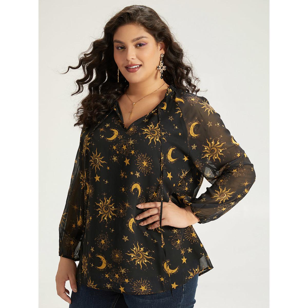 Plus Size Black Halloween Moon & Star Print Tie Neck Mesh Lantern Sleeve Blouse Women Elegant Long Sleeve Tie Neck Festival-Halloween Blouses BloomChic 14-16/1X Product Image