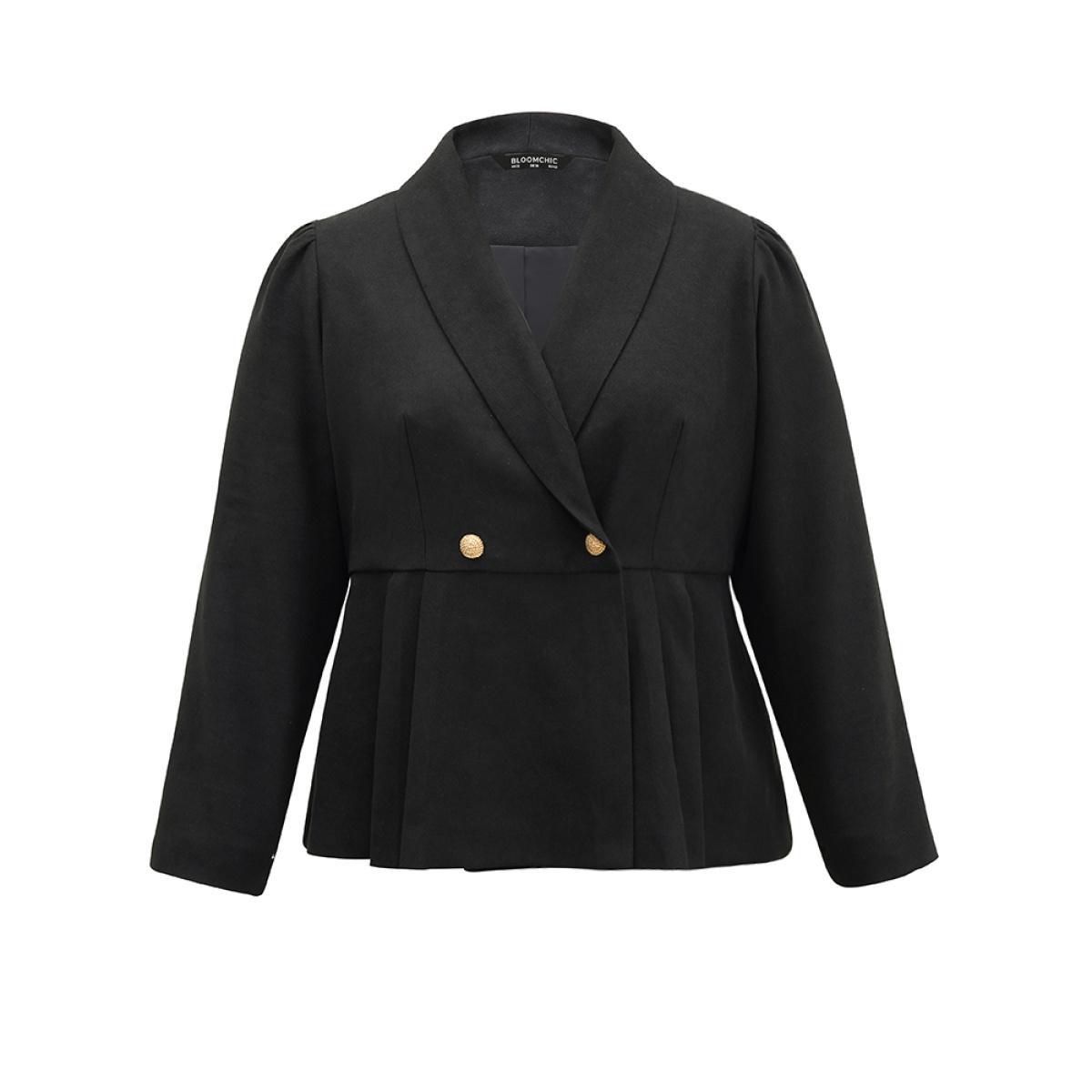 Plus Size Lapel Collar Plicated Detail Button Up Blazer Black Women Work Plain Lined Sleeve Long Sleeve Lapel Collar 28/5X Workwear Essentials Blazers BloomChic Product Image