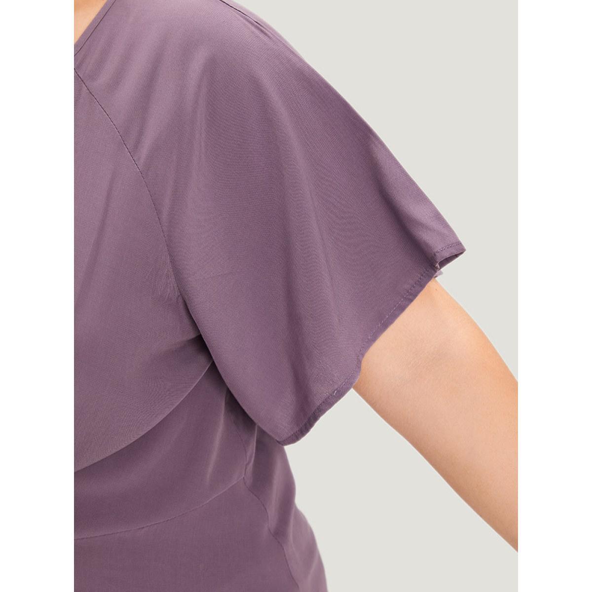Plus Size Mauve Supersoft Essentials Plain Keyhole Twist Front Ruffle Blouse Women Elegant Short sleeve Round Neck Dailywear Blouses BloomChic 30/6X Product Image