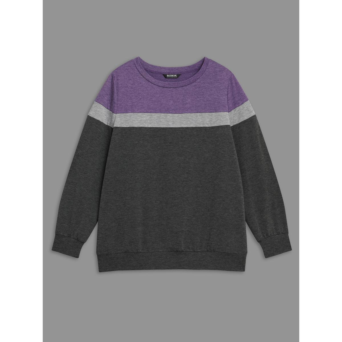 Plus Size Colorblock Contrast Round Neck Sweatshirt Women DimGray Casual Contrast Loose Round Neck Everyday Sweatshirts BloomChic 28/5X Product Image