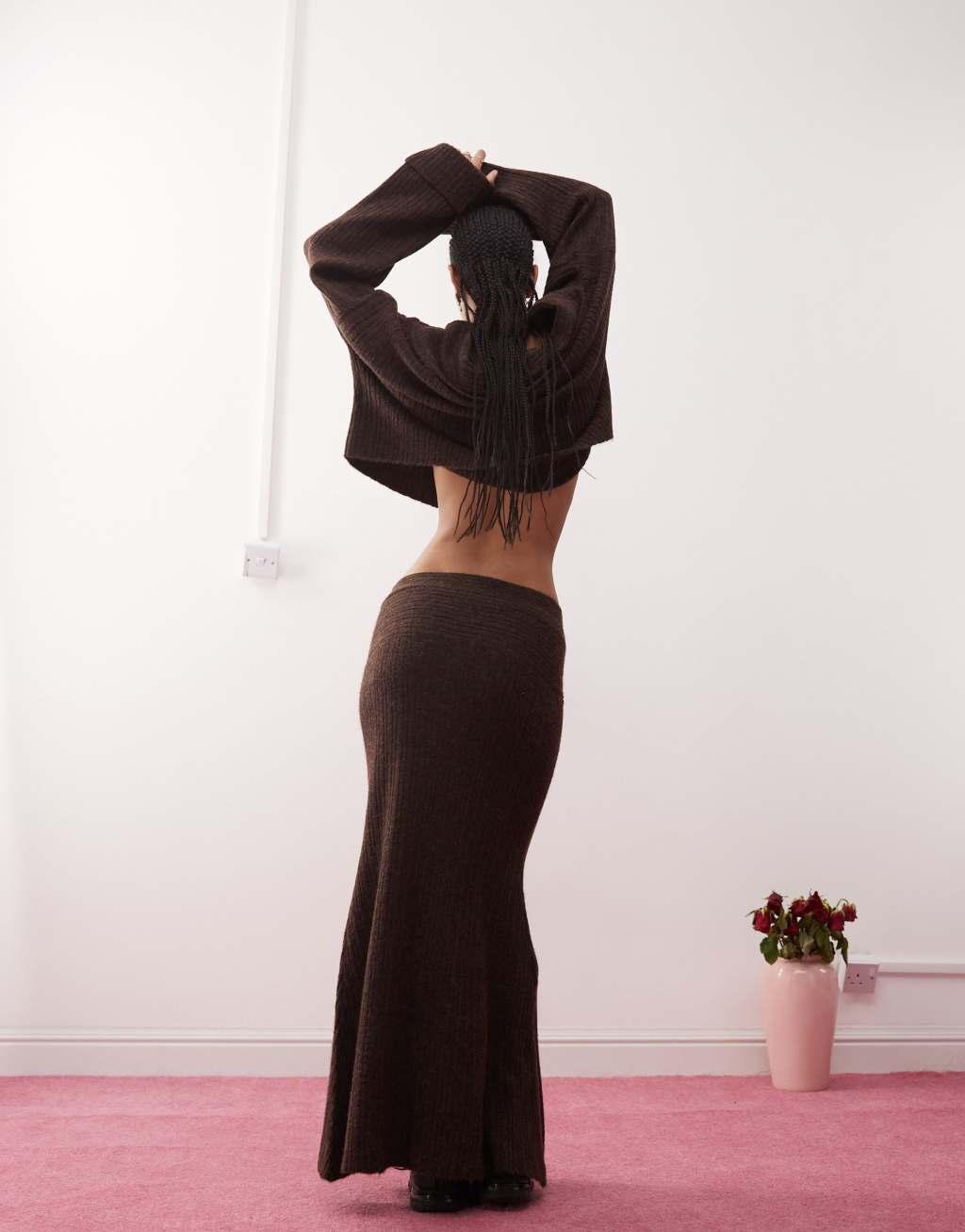 COLLUSION knit ribbed maxi skirt in brown Product Image