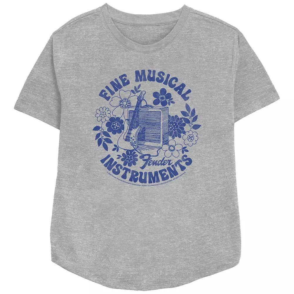 Women's Fender Fine Musical Instruments Guitar Flowers Amp Relaxed Fit Graphic Tee, Girl's, Size: Medium, Athletic Grey Product Image