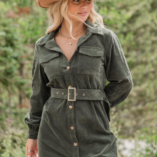 No Expectations Olive Corded Long Sleeve Belted Mini Dress FINAL SALE Product Image