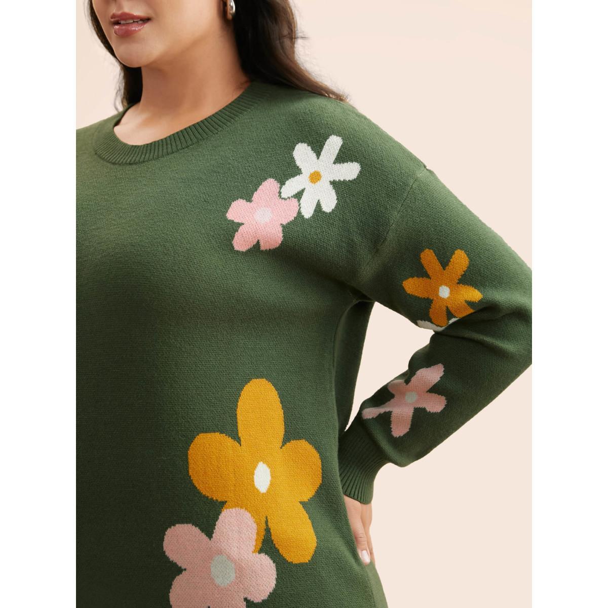 Plus Size Supersoft Essentials Floral Crew Neck Pullover Greenbean Women Casual Long Sleeve Round Neck Everyday Pullovers BloomChic 30/6X Product Image