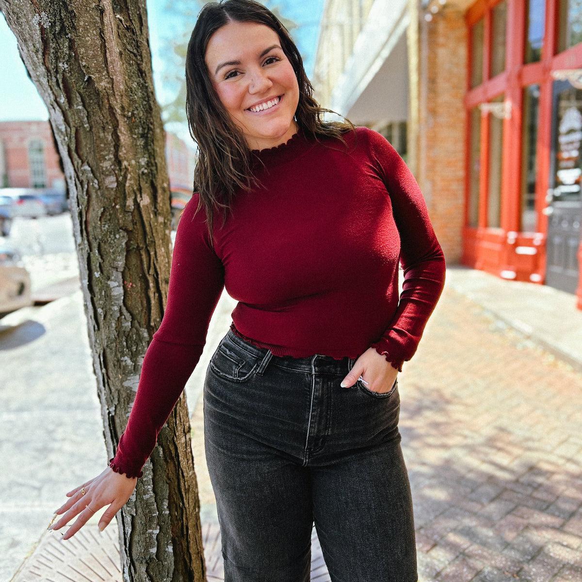 Lettuce Trim Mockneck Sweater Top Oxblood Product Image