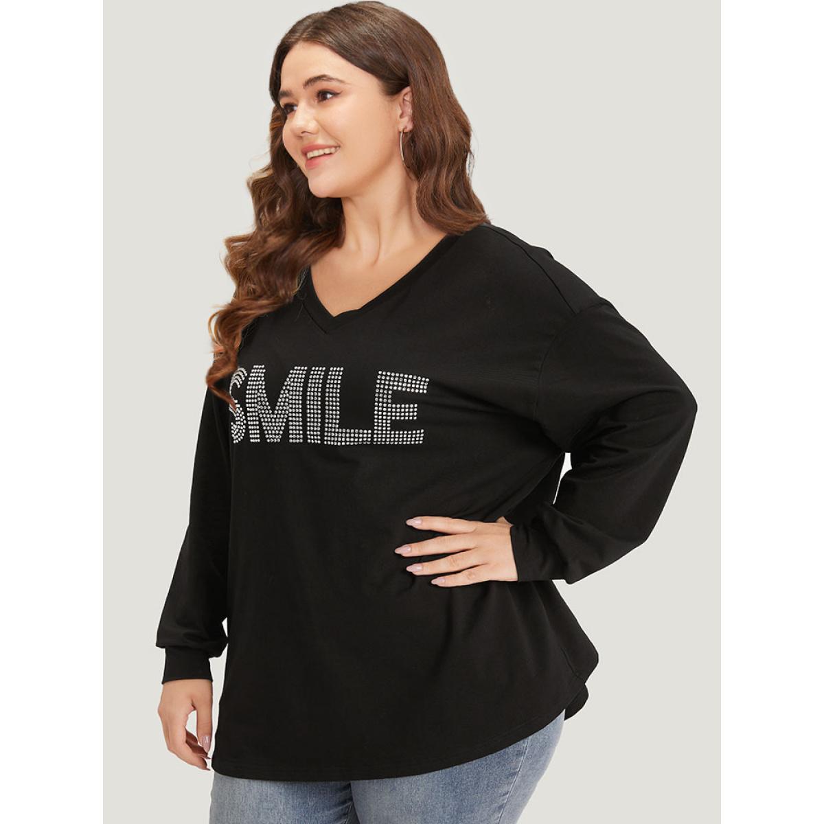 Plus Size Letter Print Rhinestone V Neck Elastic cuffs Sweatshirt Women Black Elegant Elastic cuffs Dailywear Sweatshirts BloomChic 18-20/2X Product Image