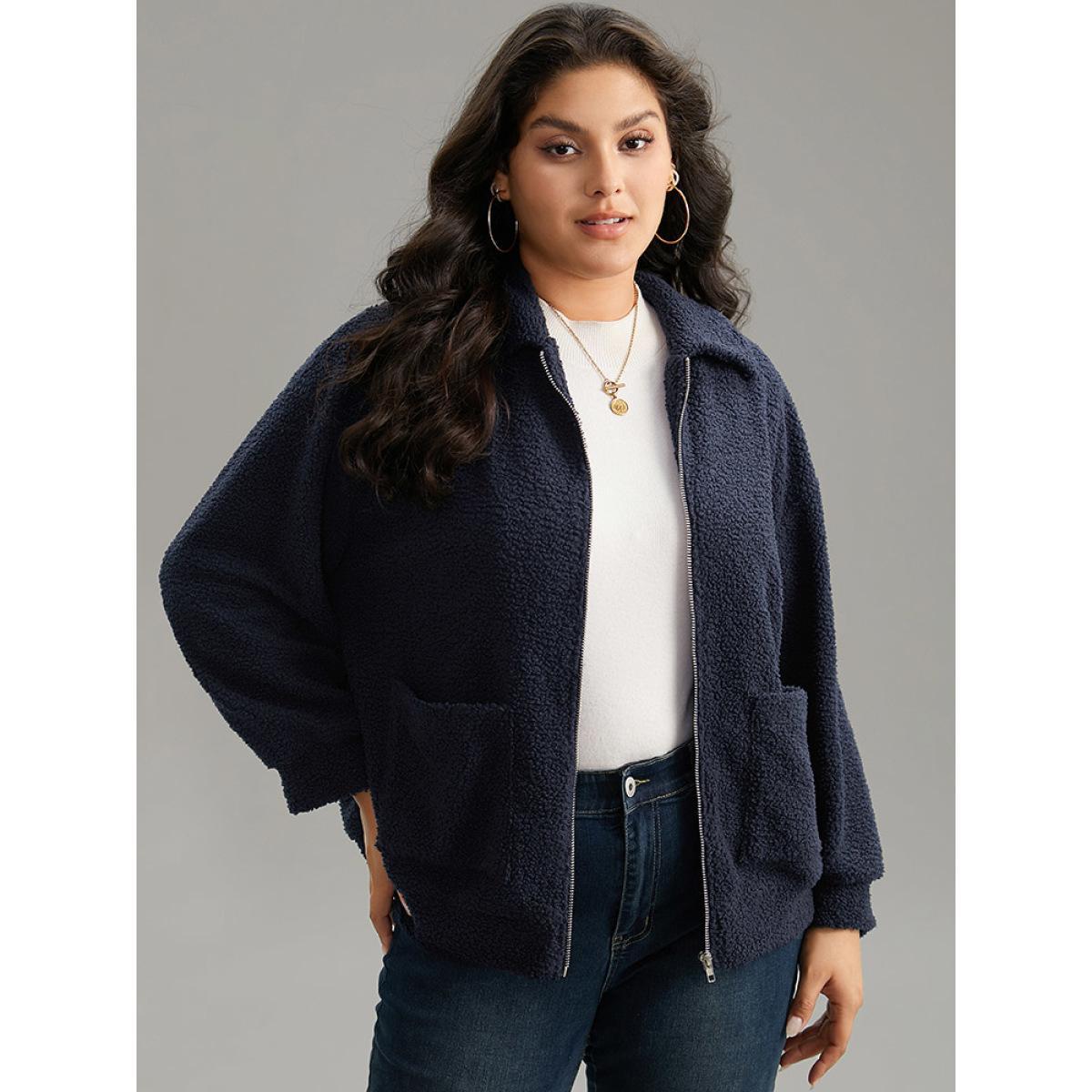 Plus Size Solid Zipper Pocket Teddy Jacket Women DarkBlue Casual Plain Ladies Dailywear Winter Coats BloomChic 12/L Product Image