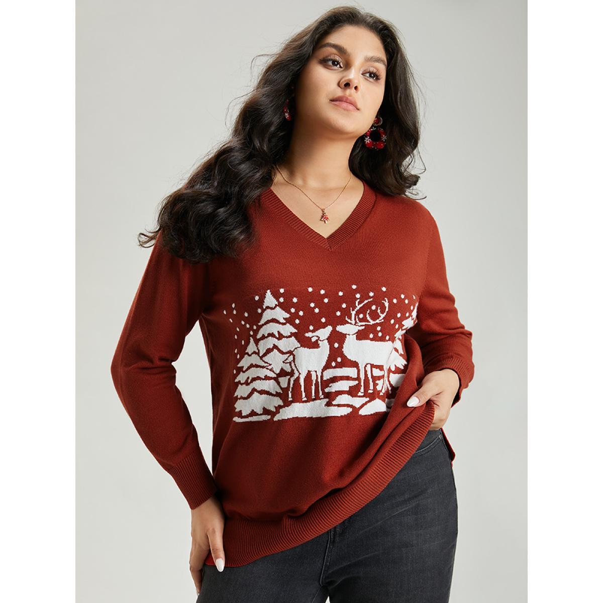 Plus Size Anti-Pilling Christmas Trees & Elk Print Pullover Rust Women Casual Loose Long Sleeve V-neck Festival-Christmas Pullovers BloomChic 30/6X Product Image