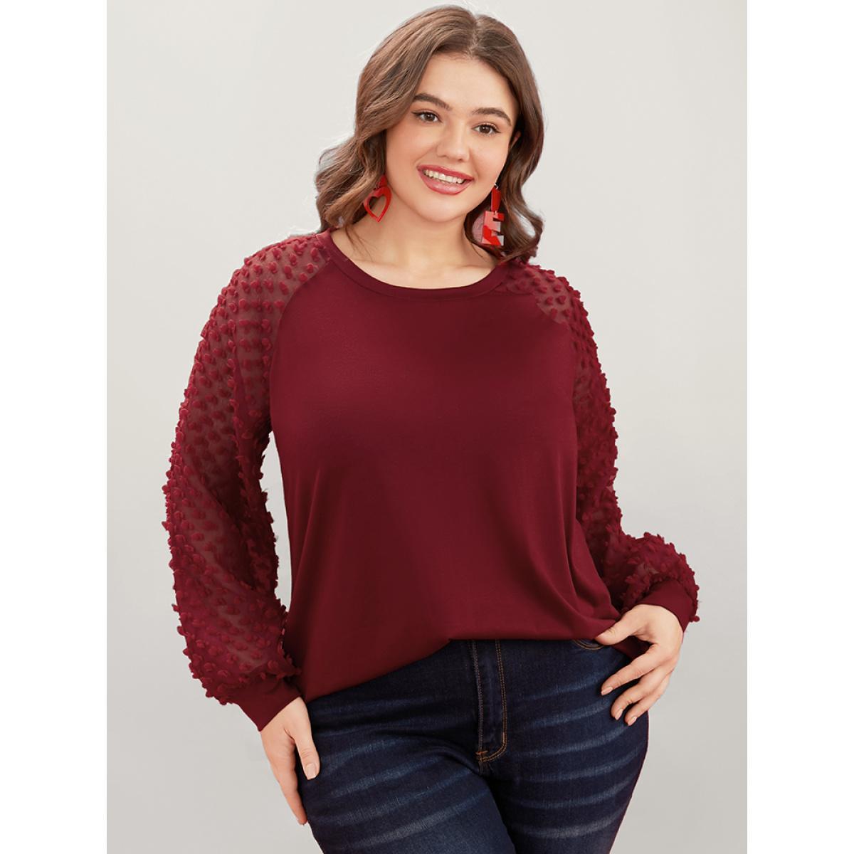 Plus Size Solid Mesh Patchwork Embroidered Round Neck Long Tee Scarlet Women Elegant See through Plain Round Neck Dailywear T-shirts BloomChic 18-20/2X Product Image