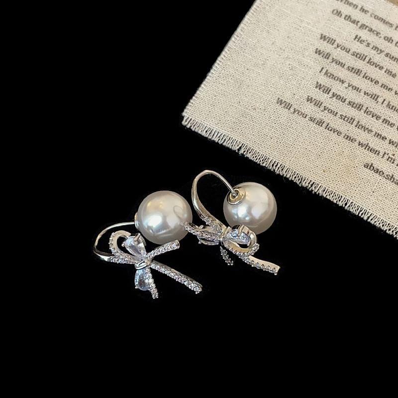 925 Sterling Silver Bow Faux Pearl Drop Earring Product Image