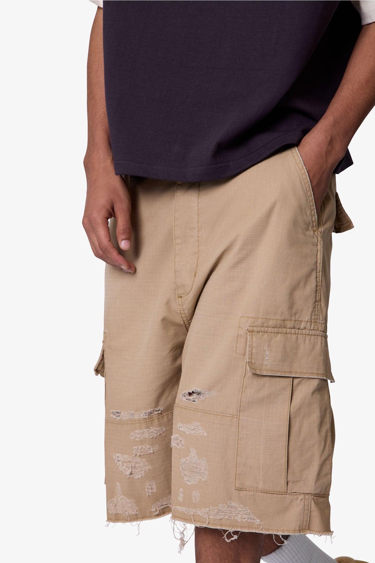 Baggy Distressed Cargo Shorts - Washed Khaki Product Image