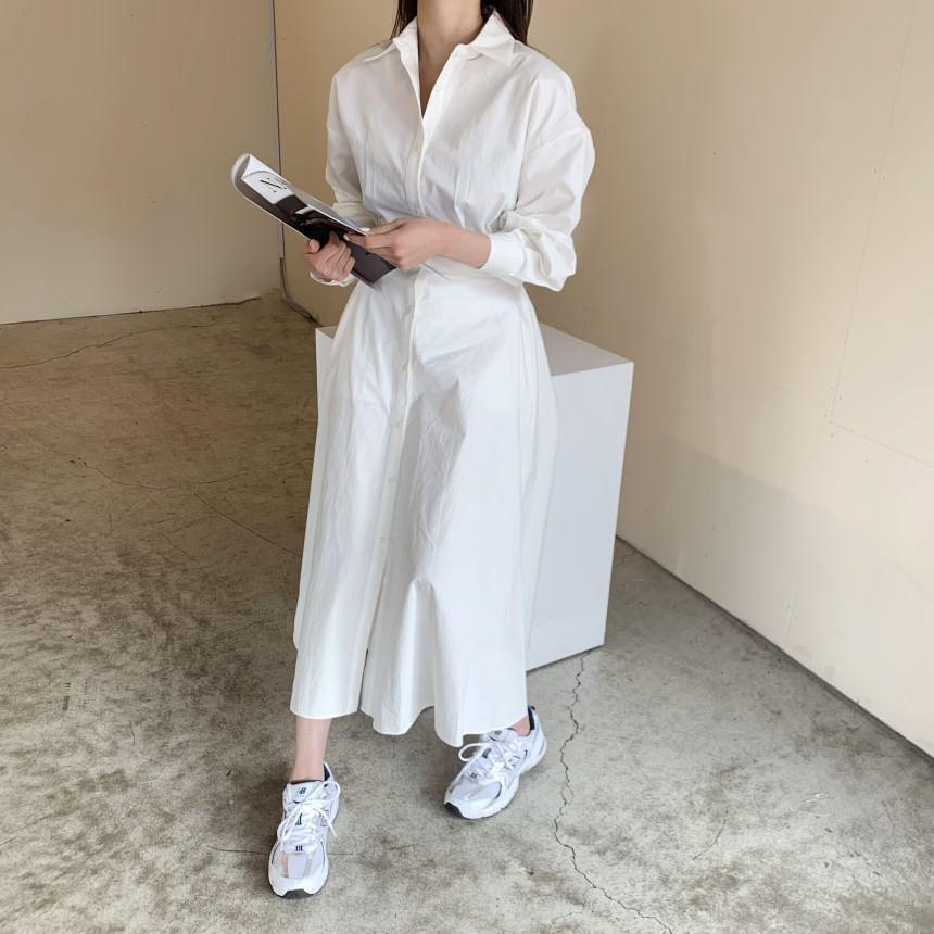 Long-Sleeve Plain Midi A-Line Shirt Dress Product Image