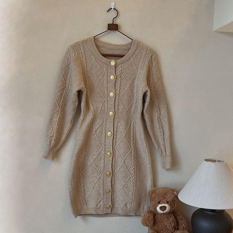 Long-Sleeve V-Neck Button-Up Plain Knit Mini Dress Product Image
