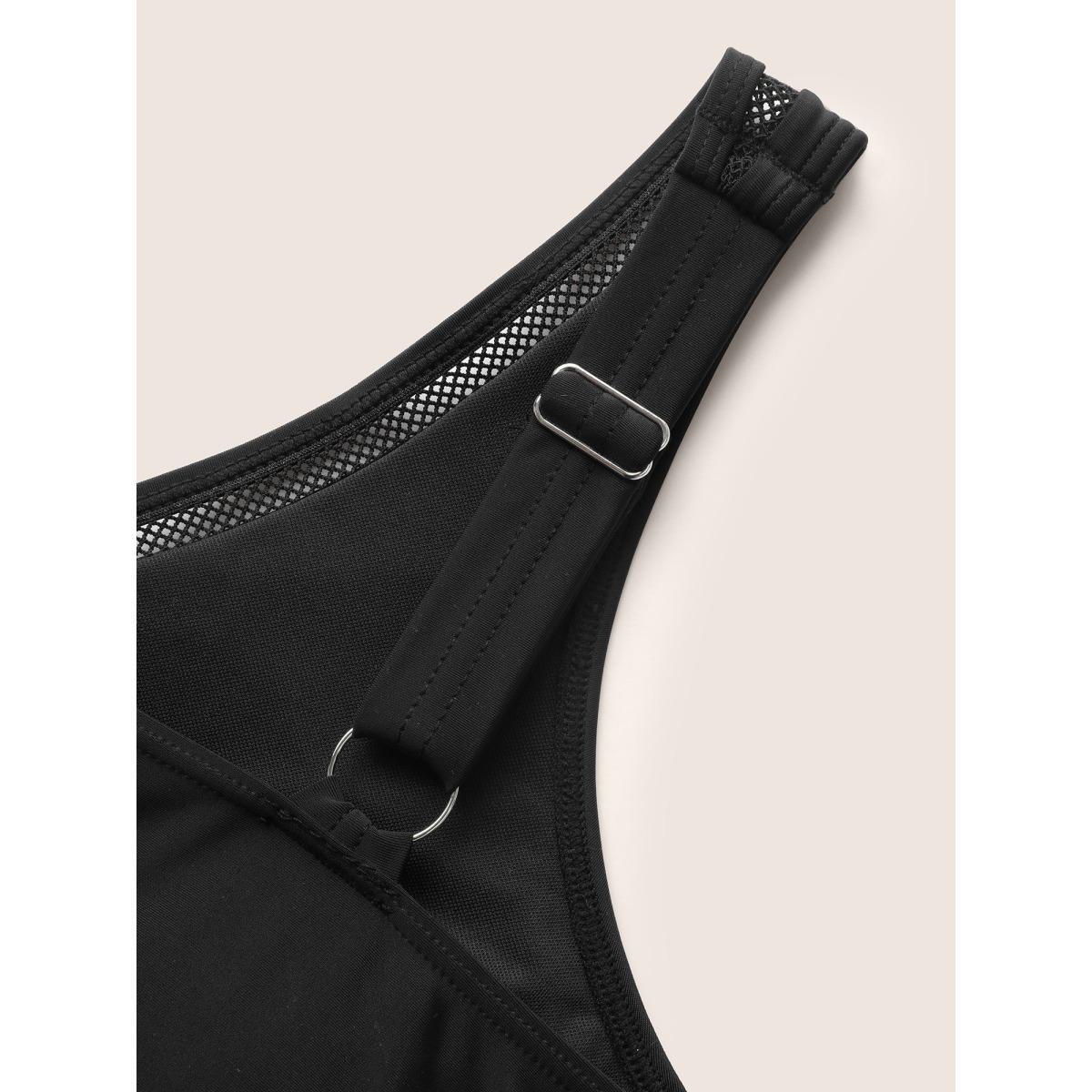 Plus Size V Neck Patchwork Mesh Gathered One Piece Swimsuit Women's Swimwear Black Beach Woven ribbon&lace trim Curve Bathing Suits High stretch One Pieces BloomChic 10/M Product Image