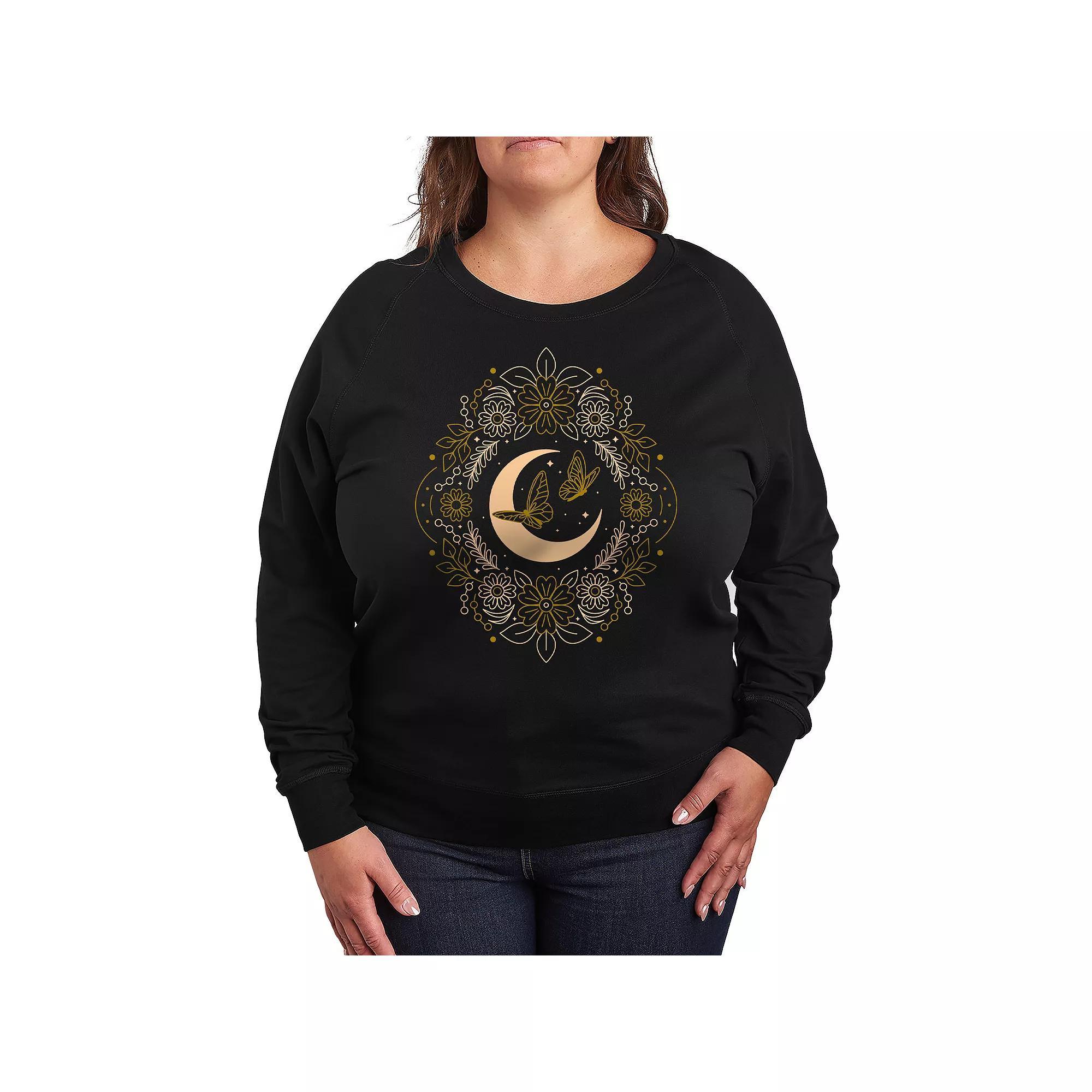 Plus Size Celestial Florals & Butterflies French Terry Long Sleeve Tee, Women's, Size: 3XL, Black Product Image