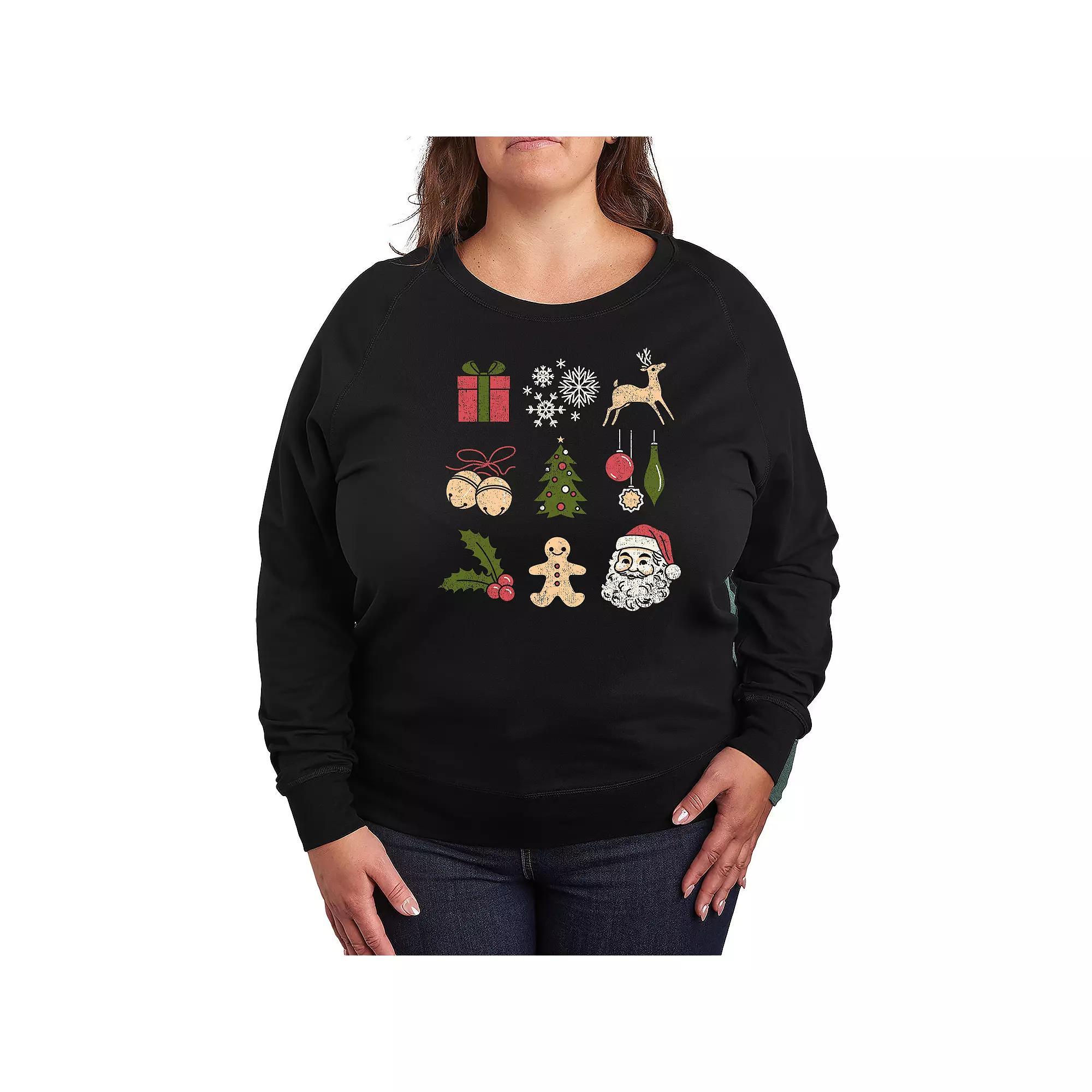Plus Size Christmas Icon Grid French Terry Long Sleeve Tee, Womens Product Image