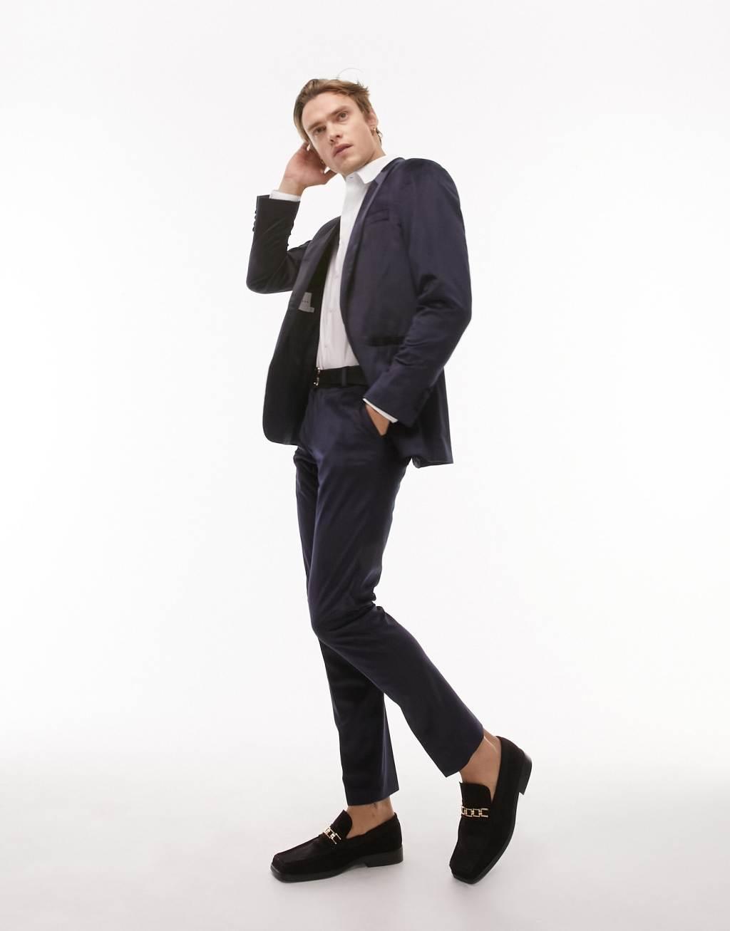 Topman skinny single breasted velvet blazer with tipping in navy Product Image