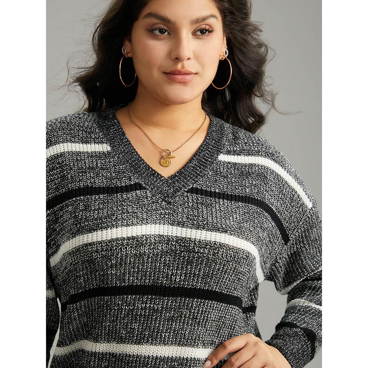 Plus Size V Neck Striped Contrast Heather Pullover Black Women Casual Loose Long Sleeve V-neck Dailywear Pullovers BloomChic 22-24/3X Product Image