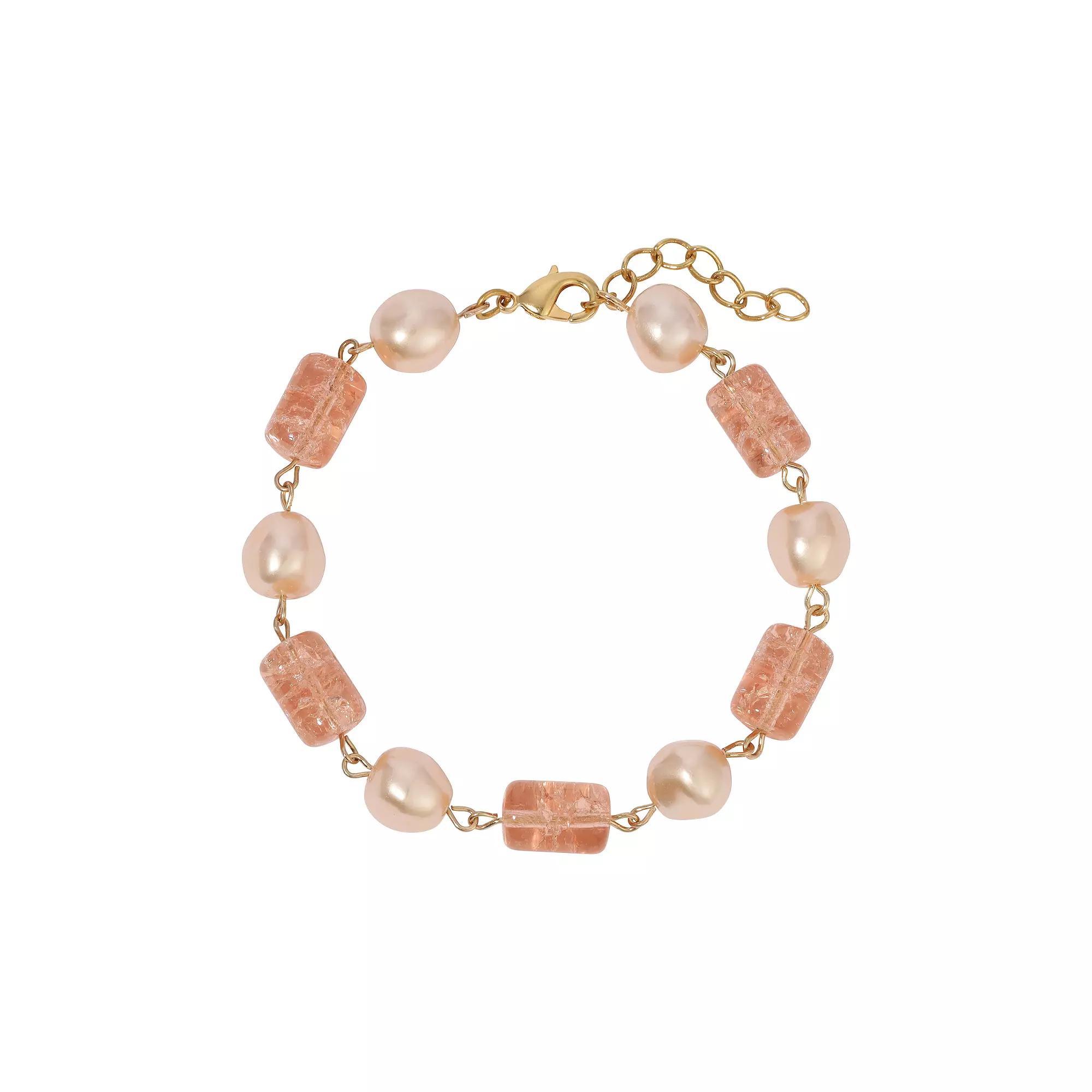 1928 Gold-Tone Peach Cracked Glass Simulated Pearl Bead Bracelet, Womens, Pink Product Image