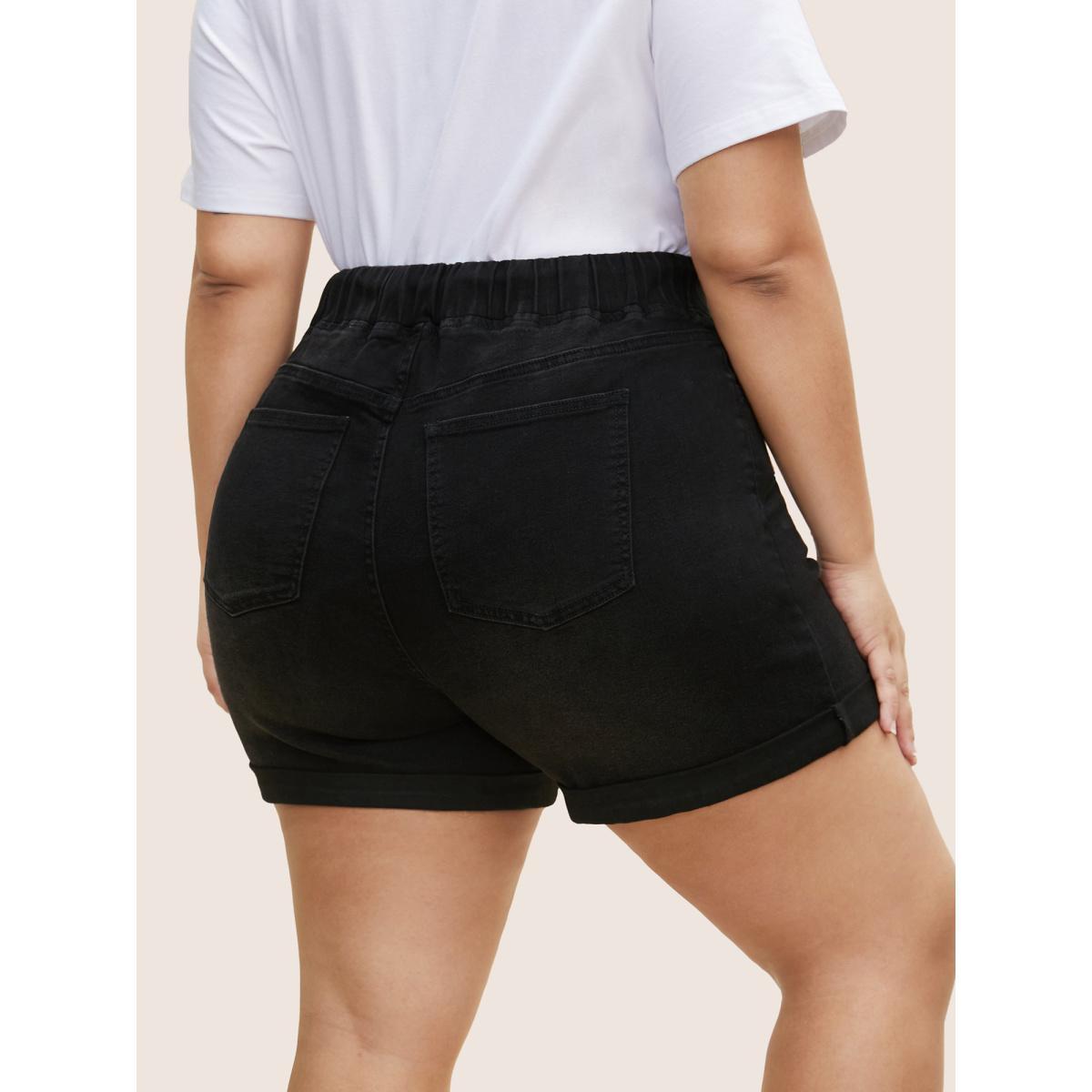 Plus Size Distressed Drawstring Roll Hem Denim Shorts Women Black Drawstring High stretch Everyday Slanted pocket Casual Denim Shorts BloomChic 20/2X Product Image