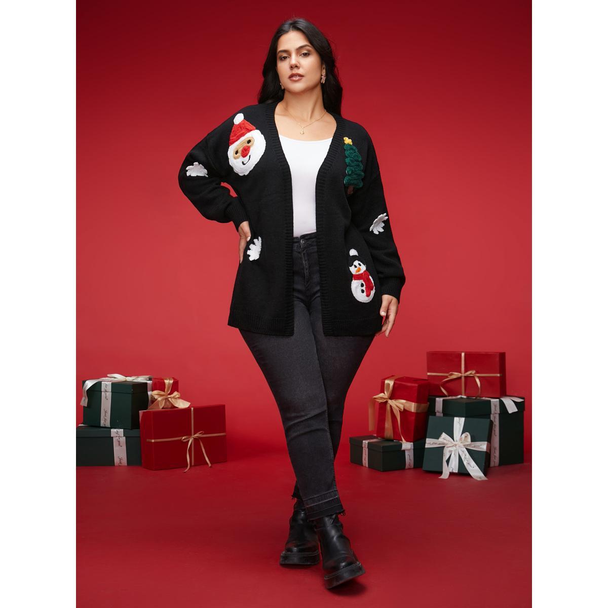 Plus Size Holiday Hand-Crocheted Motifs V-Neck Cardigan Black Women Casual Loose Long Sleeve Everyday Cardigans BloomChic 18-20/2X Product Image