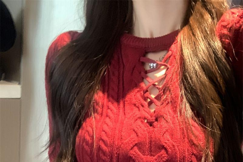 Long-Sleeve Crew Neck Plain Cutout Cable Knit Top Product Image