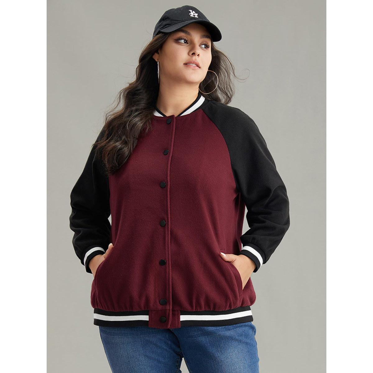 Plus Size Contrast Trim Pocket Button Fly Bomber Jacket Women Burgundy Contrast Pocket Dailywear Jackets BloomChic 10/M Product Image