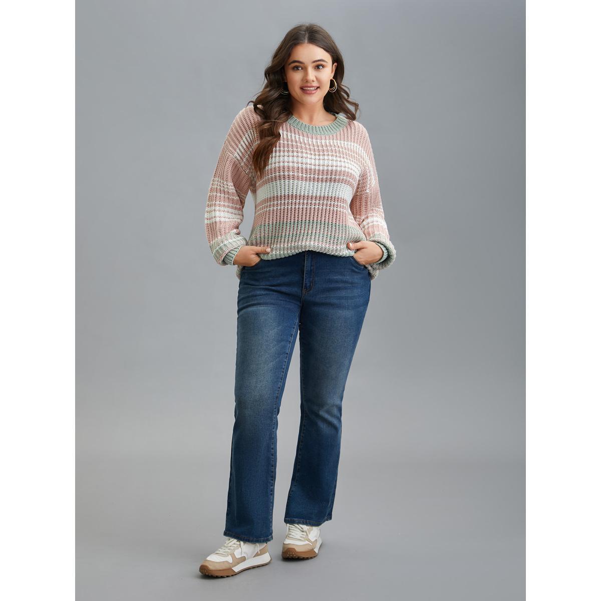 Plus Size Striped Contrast Colors Ribbed Pullover Greenbean Women Casual Loose Long Sleeve Round Neck Everyday Pullovers BloomChic 12/L Product Image