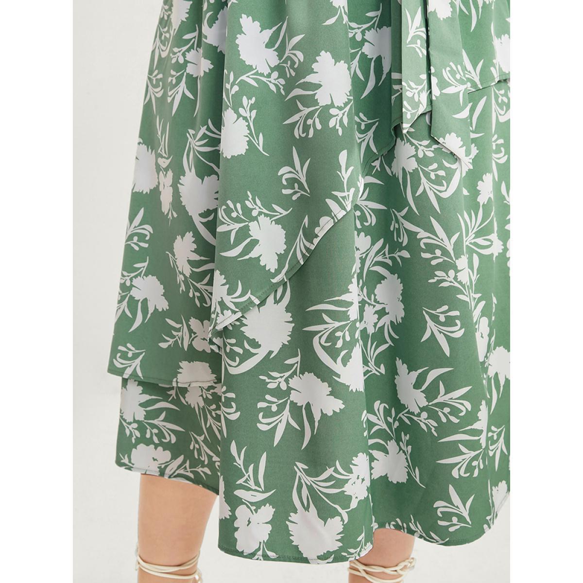 Plus Size Floral Dolman Sleeve Pocket Belted Wrap Asymmetrical Flutter Dress Mint Women Elegant Belted V-neck Half Sleeve Curvy Midi Dress BloomChic 30/6X Product Image