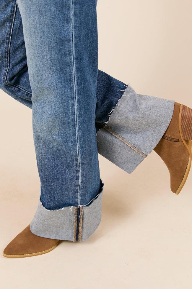 Jolie Dark Wash Mid Rise Wide Flare Cuffed Jeans Product Image