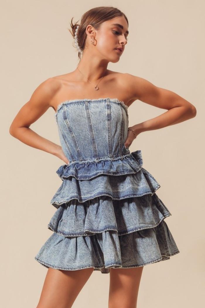 Strapless Ruffle Layered Denim Dress Product Image