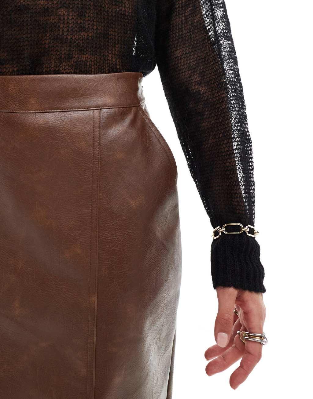 ASOS DESIGN leather look maxi skirt with side slit in washed brown Product Image