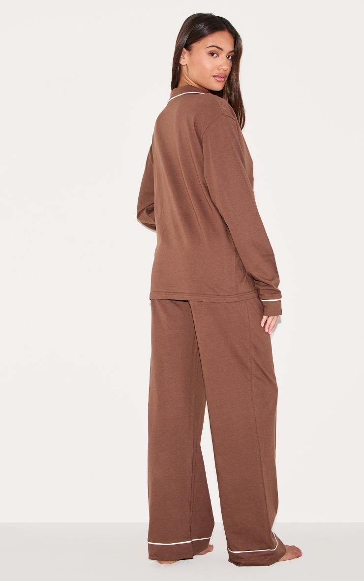 Chocolate Jersey Contrast Piping Detail Long Pj Set Product Image