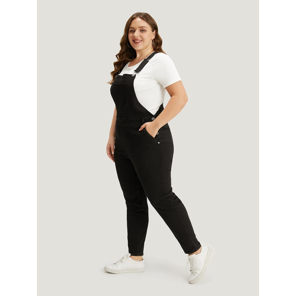 Plus Size Plain Patched Pocket Button Up Overall Jeans Black Women Plain Adjustable Straps High stretch Everyday High Rise Pocket Casual Denim Jumpsuits BloomChic 26/4X Product Image