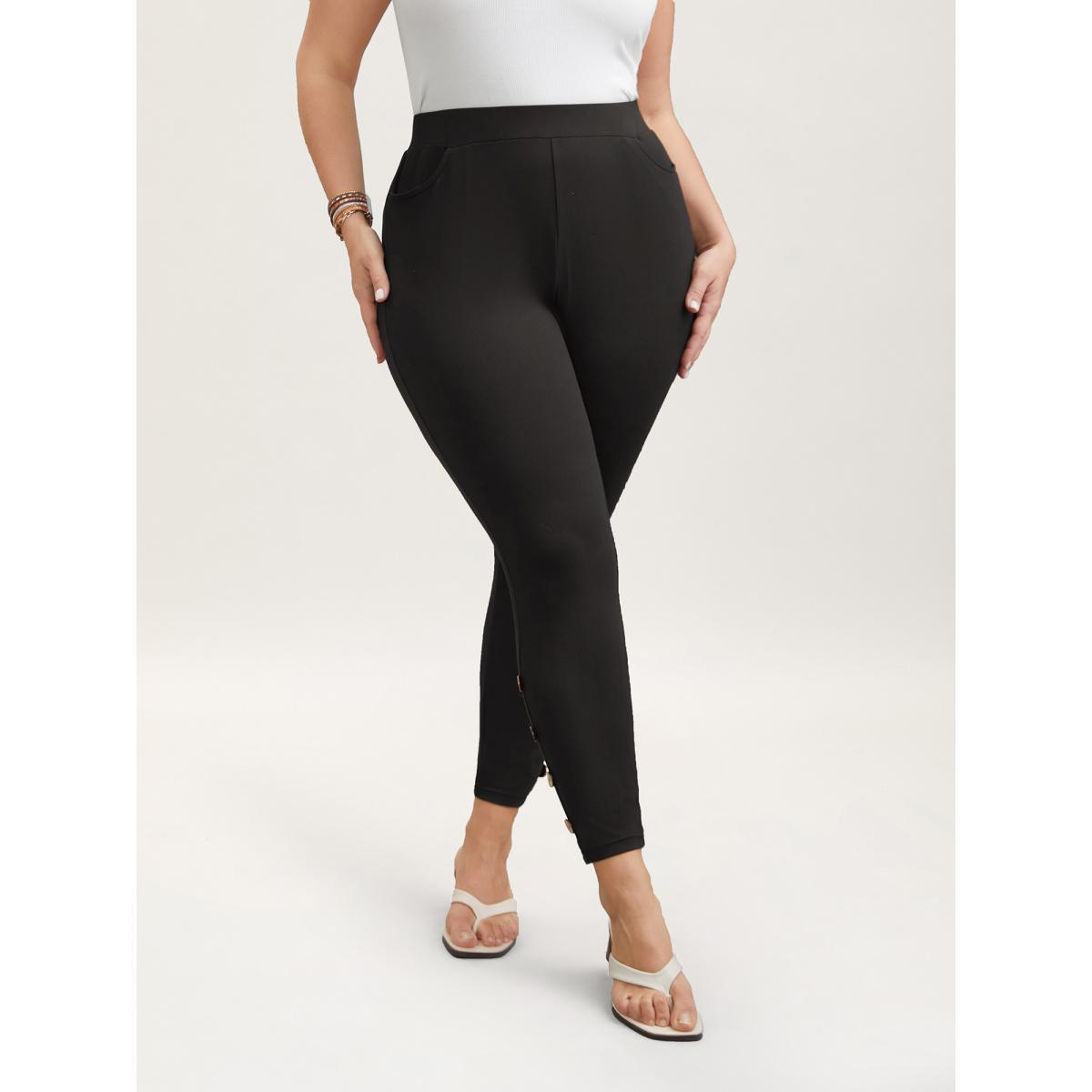Plus Size Button Detail Mid-Rise Skinny-Fit Pants Women Black Resort High stretch Skinny Mid Rise Vacation Leggings BloomChic 22-24/3X Product Image