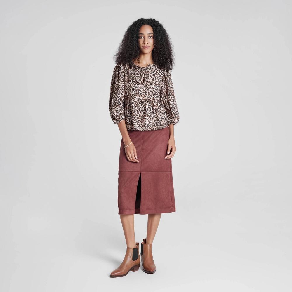 Womens Faux Suede Midi A-Line Skirt - A New Day Burgundy XS Product Image