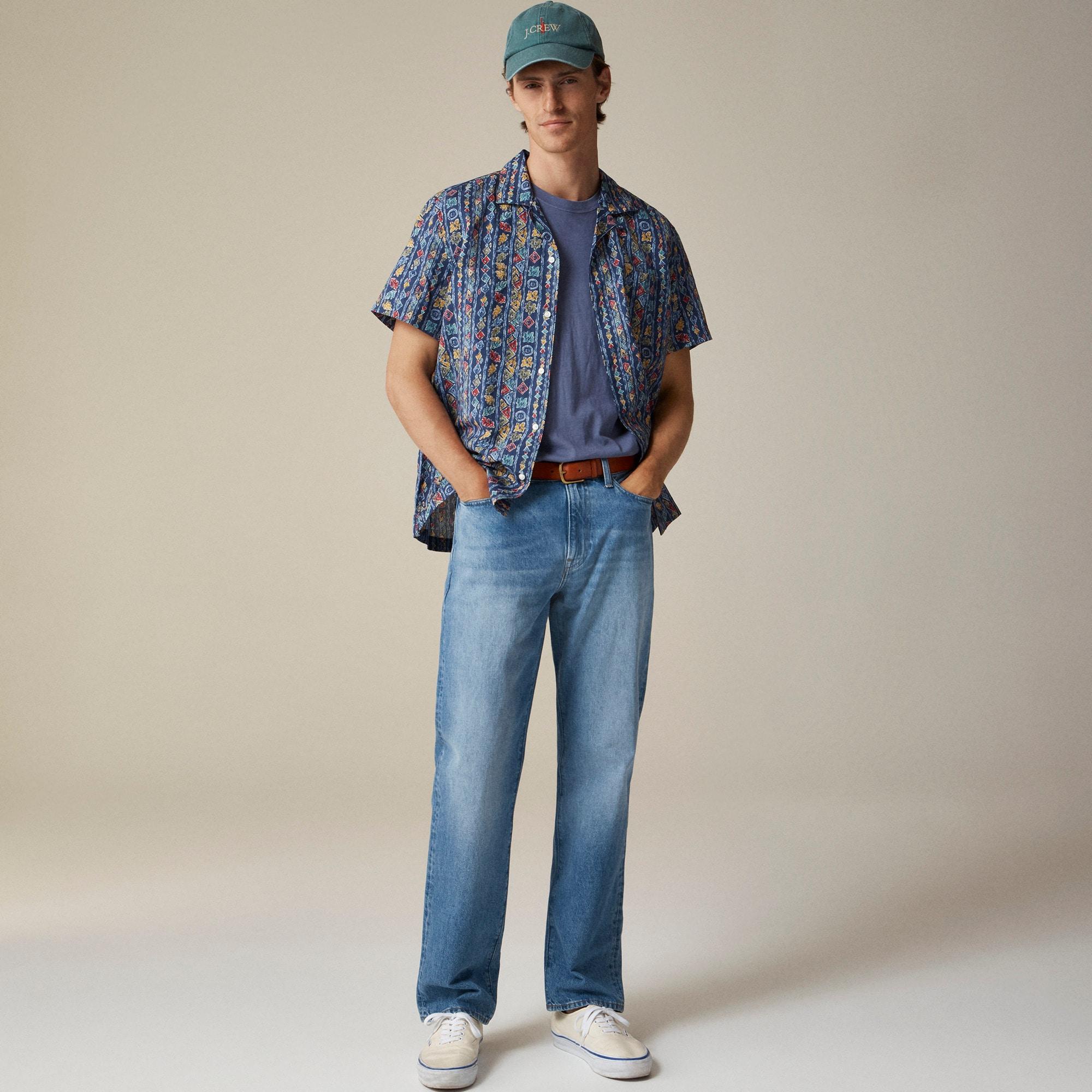 Short-sleeve slub cotton-linen blend camp-collar shirt in print Product Image