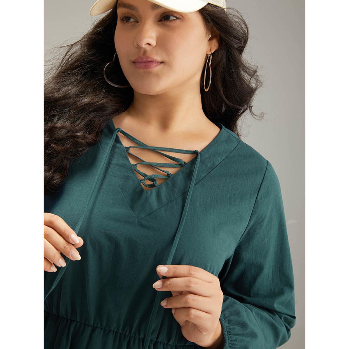 Plus Size Cotton Solid Lace Up Elastic Waist Dress DarkGreen Women Casual Elastic cuffs Tie Neck Long Sleeve Curvy Midi Dress BloomChic 14-16/1X Product Image