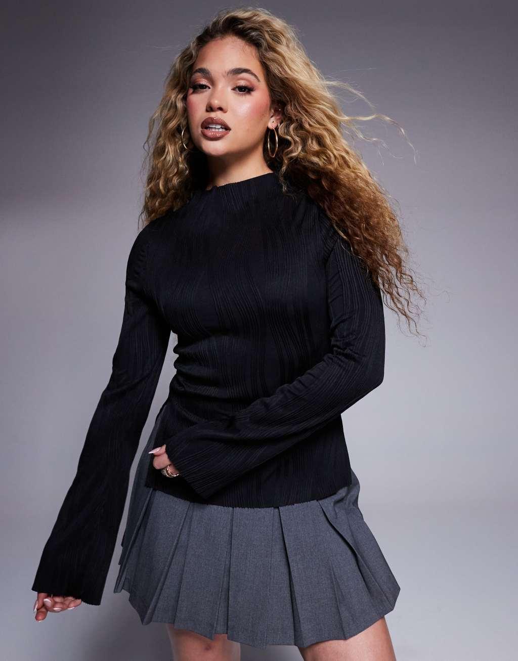 ASOS DESIGN plisse long sleeve top with grown on neck in black Product Image