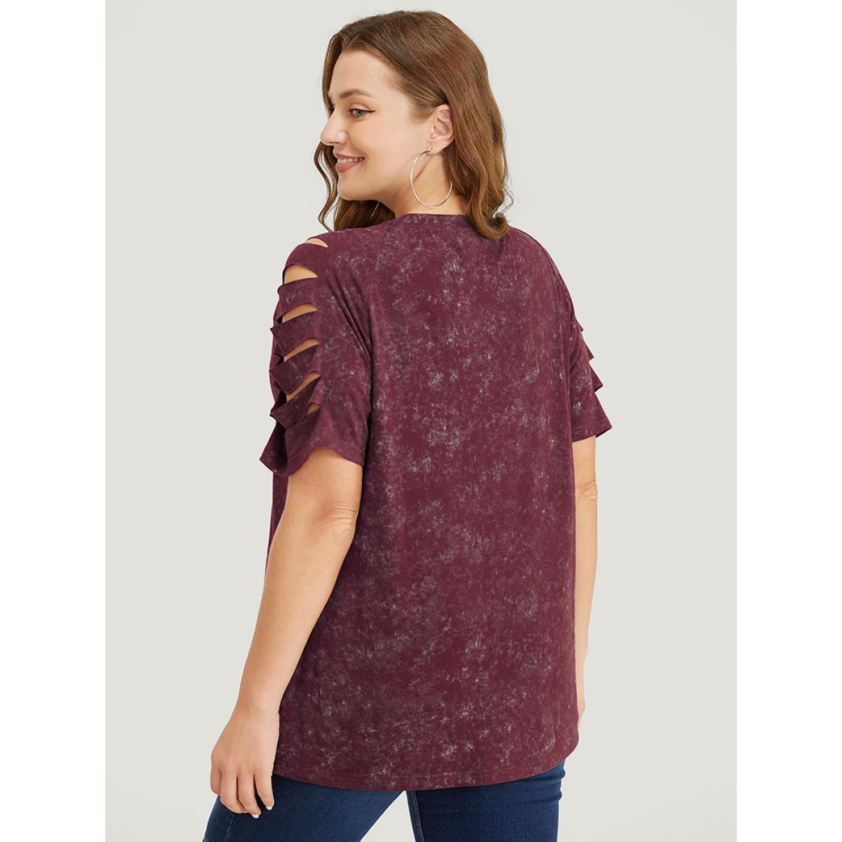 Plus Size Solid Cut Out Raglan Sleeve T-shirt Burgundy Women Casual Cut-Out Plain Round Neck Dailywear T-shirts BloomChic 12/L Product Image