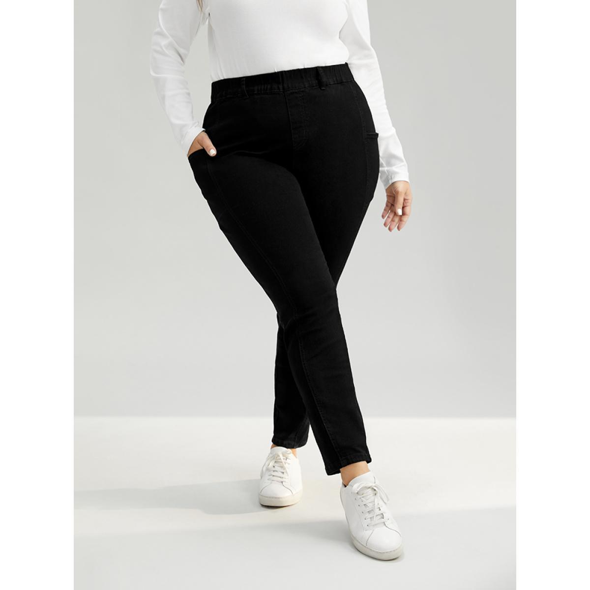 Plus Size Elastic Waist Side Pocket Skinny Jeans Women Black Casual Plain Plain High stretch Pocket Jeans BloomChic 26/4X Product Image